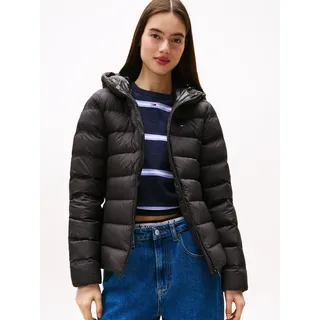 Steppjacke TOMMY JEANS "TJW SLIM HOOD PRNT DOWN JCKT EXT", Damen, Gr. L (40), schwarz, Web, Obermaterial: 100% Polyester, unifarben mit Farbeinsätzen, slim fit, Jacken Steppjacke