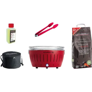 LotusGrill XL Starter-Set Feuerrot – Holzkohle-Tischgrill mit USB-Lüfter, Zange, Brennpaste, Holzkohle 2,5 kg, Tragetasche - Rot