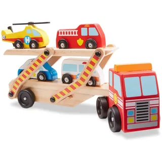 Melissa & Doug - Autotransporter mit Rettungsfahrzeugen, 6-teilig, Spielzeugauto aus Holz, Für Kinder ab 3 Jahren