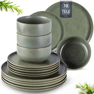 LeRatio Geschirrset für 6 Personen, Steingut Geschirr Set 18-tlg, Keramik Reaktive Glasur Kratzfestes- Schüssel- Teller-Set, Spülmaschinen- und Mikrowellenfestes, Grün