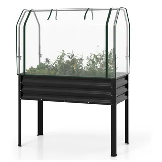 COSTWAY 3 in 1 Hochbeet mit PE-Abdeckung&rollbarer Tür, erhöhtes Gartenbeet aus verzinktem Metall, Gewächshaus, Pflanzbeet 112x55x152 cm Schwarz - Schwarz