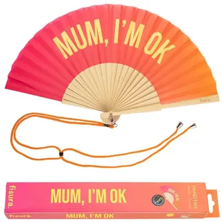 FISURA – Origineller Handfächer mit der Botschaft Mum, I'm ok. Moderner und lustiger Holzfächer. Fächer in rosa Farbverlauf. Fächer mit Fächerhalter. Maße: 42,5 x 23 cm.