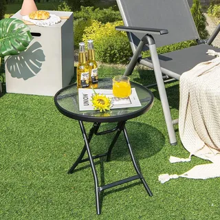 COSTWAY Kleiner Bistrotisch, klappbarer Beistelltisch, runder Gartentisch 46 cm, Couchtisch mit Tischplatte aus gehärtetem Glas, Balkontisch für Terrasse, Balkon, Garten - Transparent, Schwarz