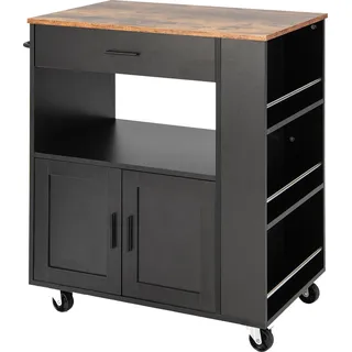 COSTWAY Küchenwagen auf Rollen, Servierwagen mit Arbeitsplatte, Schublade, Handtuchhalter & 3 Gewürzregalen, Kücheninsel Holz, Küchenschrank Schwarz - Schwarz