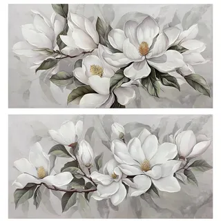 DRW Leinwandbild mit Blumen, handbemalt, in Weiß und Grün, 120 x 3 x 60 cm, Medidas: 120x3x60cm