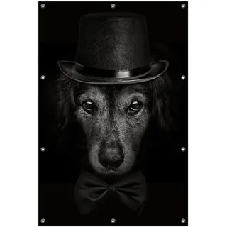 Wallario Outdoor-Poster für Garten oder Balkon, Motiv Eleganter Hund mit Zylinder in schwarz-weiß, in ca. 100 x 150 cm - Schwarz