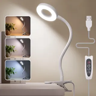 Foneso 48 LEDs Dimmbare Leselampe Bett, Klemme Lampe(weiß) | 3 Modi und Stufe 10 Dimmen, 360° Flexibel USB Lampe für Lesen, Reisen,Schlafzimmer, Büro