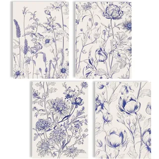Boho Bilder Set Poster Deko Set Bilder Wanddeko Abstrakte Poster Aesthetic Bilderset Yoga Wandbilder Wohnzimmer Blumen (Blue Botanic, Posterset 4x A4 (21x30cm) | ohne Rahmen)