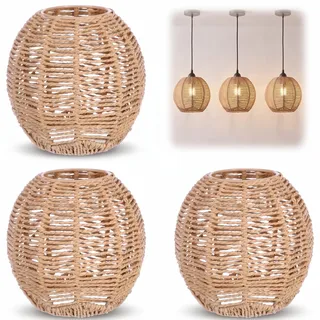 Angoily 3 Stücke Gewebt Lampenschirm Retro Rattan Gewebt Korb Decke Hängelampe Abdeckung Vintage Kronleuchter Lampenschirm für Esszimmer Wohnzimmer, 14 x 15 x 15 cm (Durchmesser des Mittellochs: 4cm)