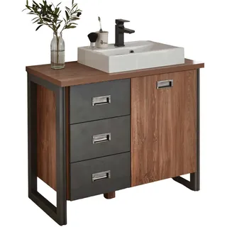 Furn.Design Waschbeckenunterschrank Eiche Stirling, Matera grau, Badmöbel Waschtisch 91 x 75 cm , Metall , Nachbildung,Eiche , 3 Schubladen , Kufe , 91x85x40 cm , FSC 100% , Badezimmer, Waschbecken & Armaturen, Waschtische