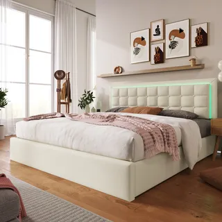 MODFU Boxspringbett Polsterbett Hydraulisches 180x200cm mit Bettkasten und Lattenrost, inkl. LED-Beleuchtungsleiste, Doppelbett Stauraumbett Funktionsbett aus Kunstleder, Weißc - Weiß