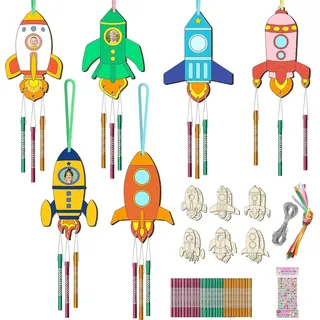 Nourdom 12 Stück Raketen Windspiel Bastelset Kinder Holz DIY Weltraum Geburtstag Party DekorationKlangspiele Set Kindergeburtstag Klangspiele Holzbastelsets Deko Garten Kreative für Jungen Mädchen