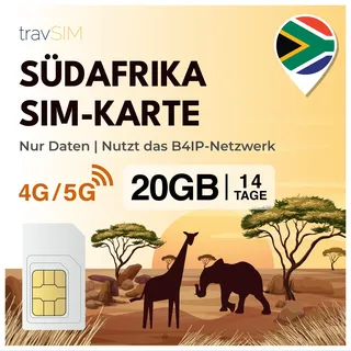 travSIM SIM Karte Südafrika | Verwendung in Allen 9 Provinzen, darunter Johannesburg, Kapstadt, Durban und weitere | 20GB - 14 Tage | Zugang zu Google, Facebook, Whatsapp & mehr | 0 Roamingkosten