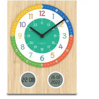 Cander Berlin MNU 11130 T Kinderwanduhr lautlos 35 cm Lernuhr Jungen Mädchen Kinderzimmer ohne Ticken Holzfurnier digital analog