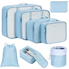 DIMJ 8-Teilig Koffer Organizer Set, Packing Cubes für Kleidung, Packwürfel für Rucksack, Kleidertaschen für Koffer, Packtaschen Set mit Kosmetiktasche, Schuhbeutel, USB Kabel Tasche (Hellblau)