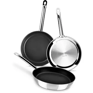 MONIX Chef Non Stick | Set mit 3 Bratpfannen 20-24-28 cm, Edelstahl 18/10 mit Antihaftbeschichtung, geeignet für alle Herdarten, auch Induktion