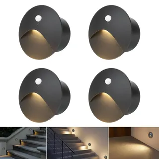 Arotelicht 4er Set LED Treppenbeleuchtung mit Bewegungsmelder, Außen Innen, Warmweiß 3000K, runde schwarze Einbaustrahler, 3W, Ø60mm, AC85-265V, Stufenlichter für Treppe