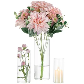 Deko Vase Glas Zylinder Tischdeko: Glasseam 3 Stück/Satz Blumen Vasen Set Modern Glasvase Rund Glaszylinder Blumenvase Tulpenvase Tischvase Fuer Hochzeit Wohnzimmer Tulpen Rose, 15/20/25cm Hoch