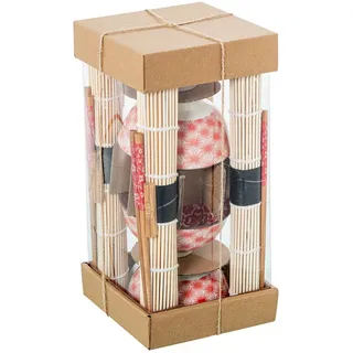DRW Sushi-Set mit 4 Schüsseln mit Essstäbchen und Untersetzer aus Porzellan und Holz in Weiß, Rot und Natur, 12 x 12 x 6 cm