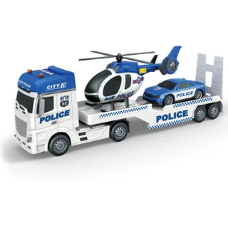 Teorema Tire Spielzeug-LKW für Kinder mit Hubschrauber und Auto, Fahrzeug-Set mit Licht und Geräuschen, Kupplungsbewegung, Maßstab 1:16, Polizei