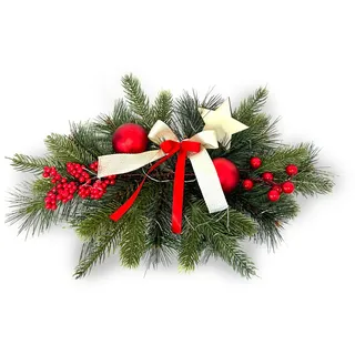 Gartenpirat Adventsgesteck 26x42 cm mit 20 LED warmweiß und roten Dekorationen Weihnachtsdeko für Tisch Fenster Festliche Weihnachtsdekoration für Advent & Winter