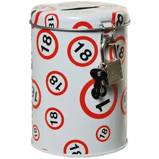 Spardose Metall Dose rund mit Schloss weiss mit Verkehrsschild Zahl 18 7,5x10,5c