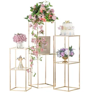 Inweder Blumenständer Metall Gold Vasen Hochzeit: 60/80/100 cm 2-Schicht Vase für Tafelaufsatz Geometrische Blumensäule Metall für Geburtstag Party Pflanzenständer Gold für Wohnzimmer Deko, 3 Stück