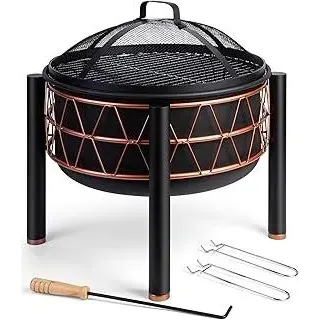 VonHaus Feuerstelle – 2-in-1 Feuerschale mit BBQ-Grill für Garten, Terrasse und Outdoor, aus schwarzem Stahl mit Kupferdetail, inklusive Feuerhaken und Mesh-Deckel, Holz oder Holzkohle.