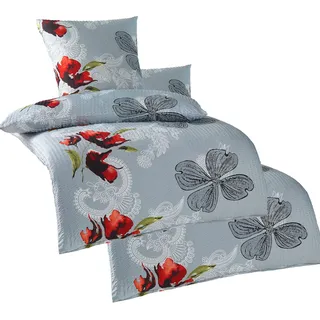 KH-Haushaltshandel 4-TLG. Seersucker Bettwäsche 2X 135x200 +80x80cm, grau, Blüten, bügelfrei, Microfaser (W401050)