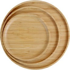 pandoo 100% Bambus Teller | Runde Holzteller, Bamboo Plates, Bambus Deko, Speiseteller, Bambus Geschirr, Geschirrset, Holz Teller Set, Mehrweg Teller | 3-Set (1X20 cm, 1X25 cm, 1X30 cm)