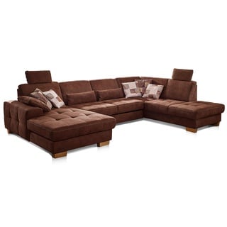 CAVADORE Wohnlandschaft Puccino mit Federkern, Bettfunktion, Sitztiefenverstellung und 2 Kopfstützen / Sofa in U-Form im Landhausstil / 340 x 86 x 224 cm / Mikrofaser braun