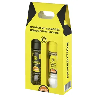Ostmann BVB x Ostmann – Gewürzmühlen-Set | Ungemahlenes Meersalz und ganzer schwarzer Pfeffer in der Borussia Dortmund Fanedition | BVB Gewürze zum Verschenken | 130 g Salz / 60 g Pfeffer