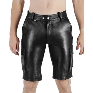 Bockle® Cargo Lamm Leder Lederhose kurz Leder Shorts Pants , W31/L30 - Schwarz