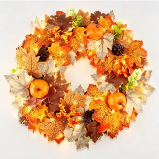 YUE QIN Türkranz Herbst 45 cm Künstliche Türdeko Herbstkranz Haustür | Herbstdeko Türkranz Herbst Kranz Kürbis Ahornblatt Tannenzapfen für Haustür Kamin Wand Erntedankfest Halloween Weihnachten