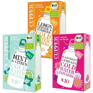 Cupper Bio Cold Water Infuser Box, 3 Sorten, Minze, Zitrone-Ingwer & Johannisbeere, Wasser mit Geschmack, Cold Brew, Kalter Tee, 30 umweltfreundliche Teebeutel, fair gehandelt