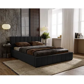 Polsterbett Nero inkl. Taschenfederkernmatratze Salsa, 200x200 cm, Doppelbett mit Bettkasten und Lattenrost aus Holz, Velourstoff: Schwarz - Schwarz