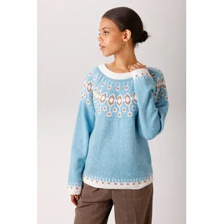 Strickpullover ANISTON CASUAL, Damen, Gr. 40, blau (hellblaumeliert, wollweiß, hellbraun), Strick, Obermaterial: 100% Polyester, meliert, figurumspielend hüftlang, Rundhals, Raglanärmel Rippstrickbündchen, Pullover Strickpullover, mit farbharmonischen Norweger-Muster - NEUE KOLLEKTION
