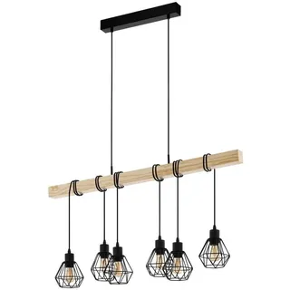 EGLO Townshend 5, 6 flammige Vintage Pendelleuchte im Industrial Design, Retro Hängelampe aus Stahl Holz, Schwarz, braun, FSC zertifiziert, E27