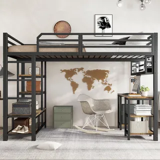 Flieks Etagenbett 120x200cm mit Schreibtisch und Regal, Kinderbett Hochbett mit Rausfallschutz und Lattenrost, Stockbett Schwarz - Schwarz