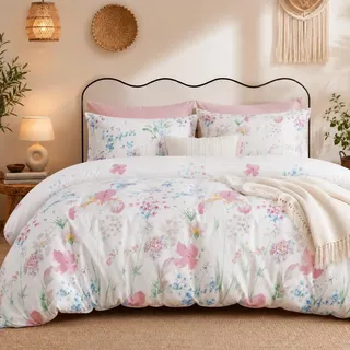Lanqinglv Bettwäsche 220x240cm Weiß Lila Blätter Blumen Muster Pflanzen Wende Bettwäsche Set Bunt Microfaser Renforce Bettbezug mit Reißverschluss und 2 Kissenbezug 80x80 cm