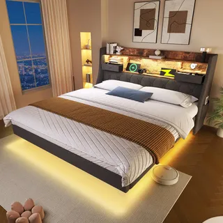 Ball & Cast Bed Frame (140x200 cm), Schwebebett mit Beleuchtung und Ladestation, Kopfteil mit Schublade & Seitentaschen, Leinen, Grau, Ohne Matratze