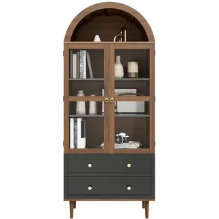 Flieks Kommode Retro Glas verstellbar Sideboard modern Aufbewahrung , Walnussfarben , Holzwerkstoff , 70x168x38 cm , Esszimmer, Vitrinen, Vitrinenschränke