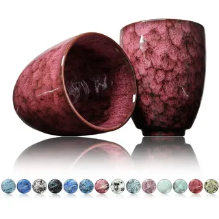 Ganzoo Kaffee Becher Keramik, Design Kaffee -Tasse ohne Henkel 200ml, Tee -Tasse 2er Set, coffee mug, tea cup, Tasse mit modernem Muster, bunte Unikate karmesin