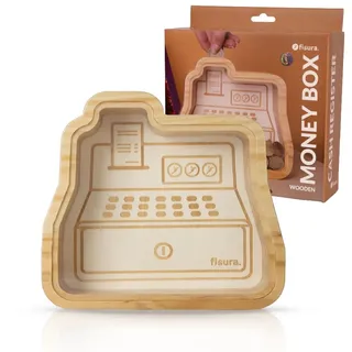 Fisura – Kinder-Spardose aus Holz in Form Einer Registrierkasse. Originelle transparente Spardose für Münzen und Scheine. Holz und Acrylglas. 19 cm x 17,5 cm.