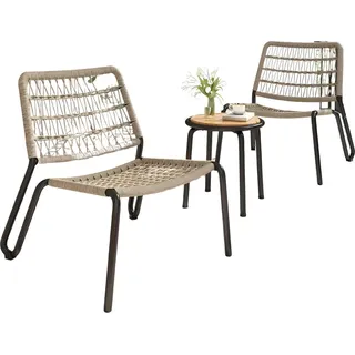 3-teiliges Bistro Set für Balkon und Garten – Handgewebte Stühle aus UV-beständigem Material mit galvanisiertem Stahlrahmen – Massivholz-Tisch – Stapelbar – 160 kg belastbar - Schwarz