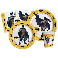 Partygeschirr Party-Set Batman für 24 Personen (112 pcs: 24 Pappteller Ø23cm, 24 Pappteller Ø18cm, 24 Becher 250ml, 40 Servietten 33x33cm) aus eco-friendly kompostierbarem Papier