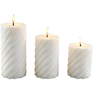 Relaxdays LED Kerzen, 3er Set, 3 Größen, flackernde Flamme, Echtwachs, gedrehtes Design, flammenlose Stumpenkerzen, weiß