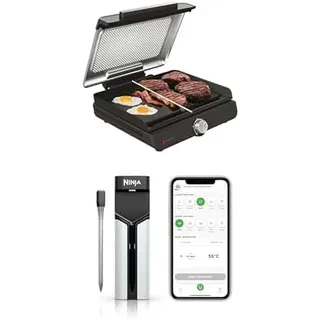 Ninja Sizzle Elektrogrill Indoor & Plancha mit Antihaft-Grillplatte, abnehmbarer & spülmaschinenfester Deckel, Grau GR101EU + ProChef Kabelloser Temperaturfühler/Bratenthermometer, WP100EU