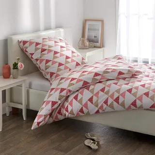 Traumschlaf Frottee Bettwäsche Christin – kuschelig warm & weich | geometrisches Dreiecksdesign in Rot & Beige | pflegeleicht & strapazierfähig - 155x200 cm + 80x80 cm