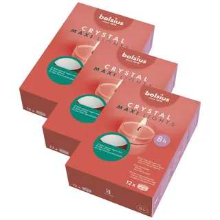 bolsius – Maxi XL Teelichter Clear Cup Transparente Hülle Weiß Brenndauer 8 Stunden - 12 Stück im Karton mit Pflanzliches Wachs, 8h box 12 (Packung mit 3)